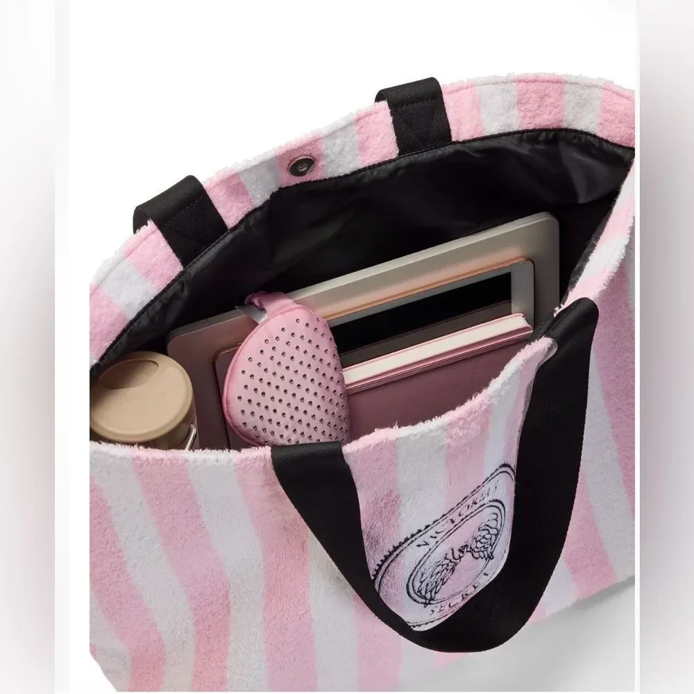 2026 NWT Victoria's Secret Angel Essentials Pink & White Stripe Terry Beach Tote